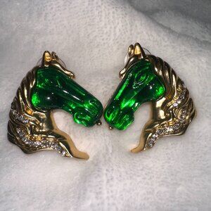 Vintage Gold Tone Emerald Green Glass Horse Head Statement Earrings Rhinestones